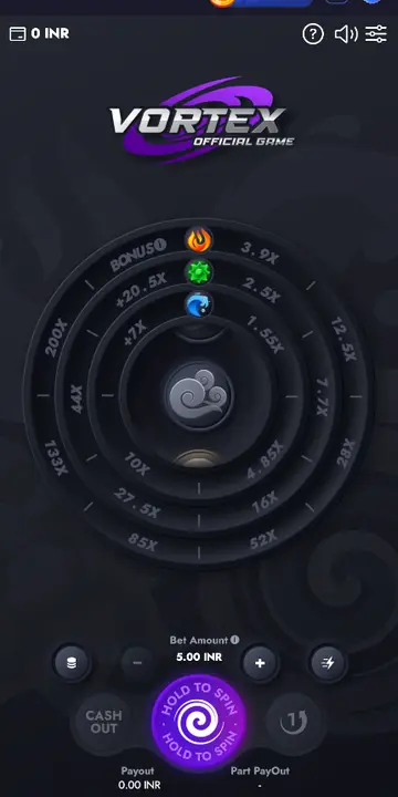 Daman Games Vortex official game screenshot showing spin controls, payout rates, and gaming dashboard